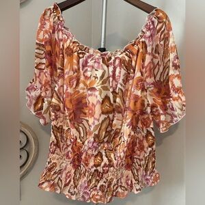 Cato 22/24 Peasant Boho Floral Blouse Smocked Waist Ruffle‎ off the Shoulder